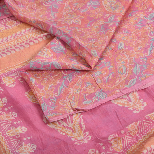 Sanskriti Vintage Sarees From India Pink Pure Silk Printed Sari 6yd Craft Fabric