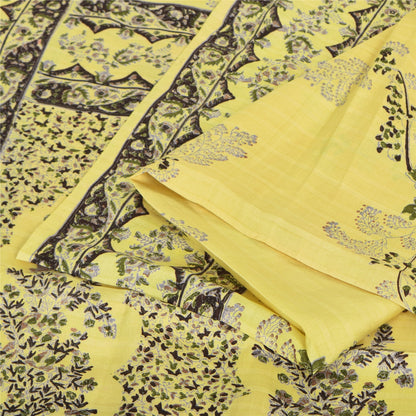 Sanskriti Vintage Sarees Yellow 100% Pure Silk Printed Sari 6yd Craft Fabric