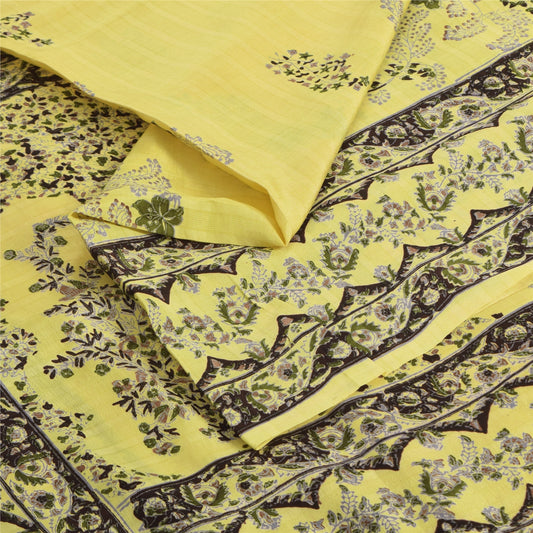 Sanskriti Vintage Sarees Yellow 100% Pure Silk Printed Sari 6yd Craft Fabric