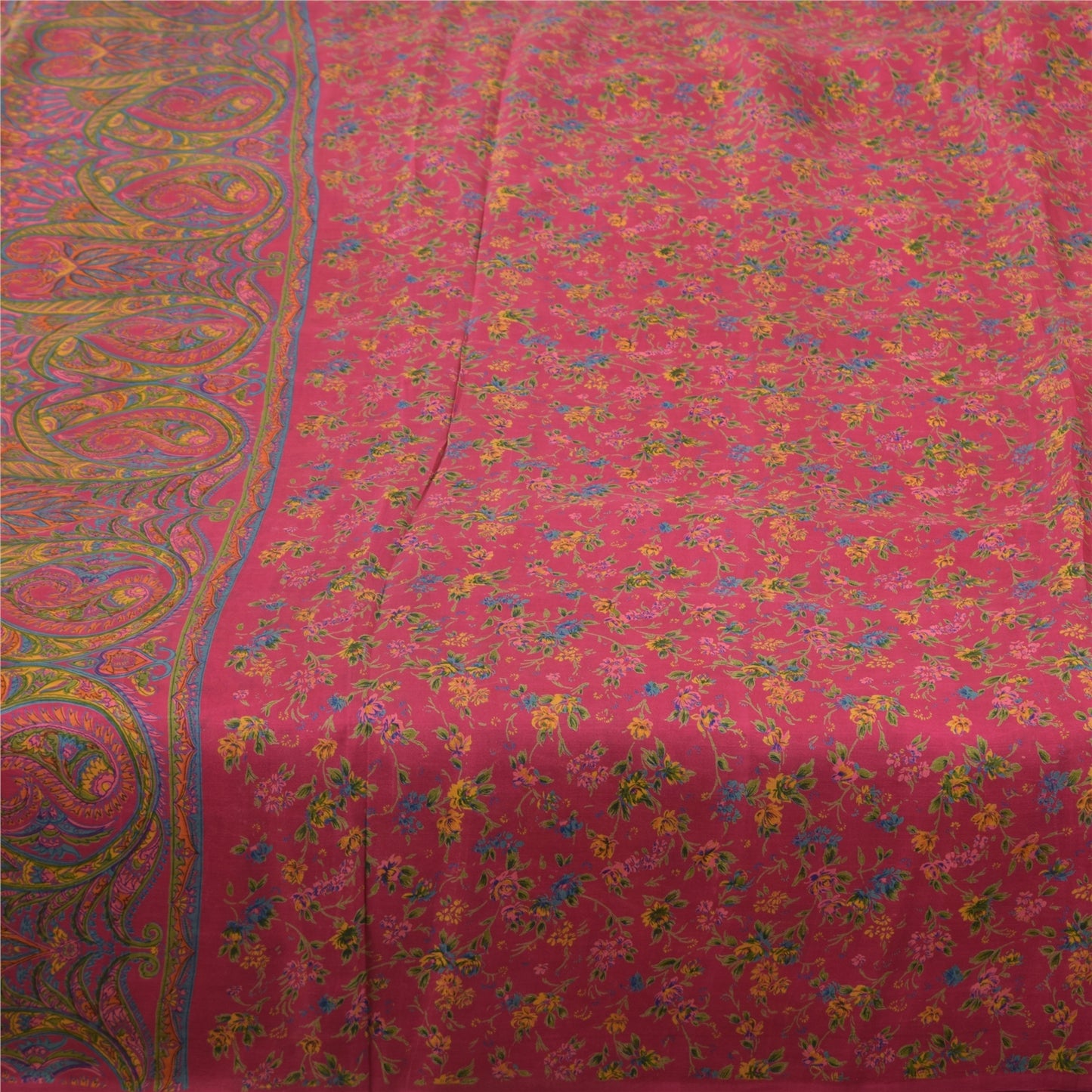 Sanskriti Vintage Sarees Dark Pink 100% Pure Silk Printed Sari 6yd Craft Fabric