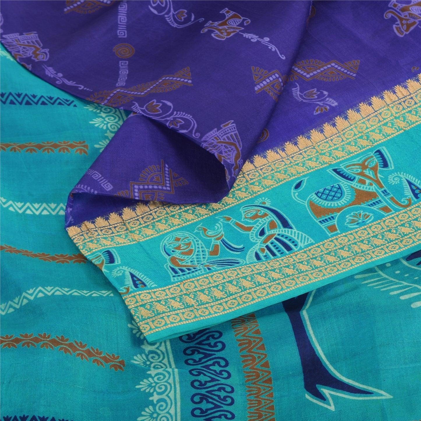 Sanskriti Vintage Sarees Purple/Blue Pure Silk Animal Printed Sari 5yd Fabric