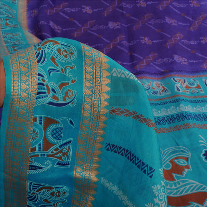 Sanskriti Vintage Sarees Purple/Blue Pure Silk Animal Printed Sari 5yd Fabric