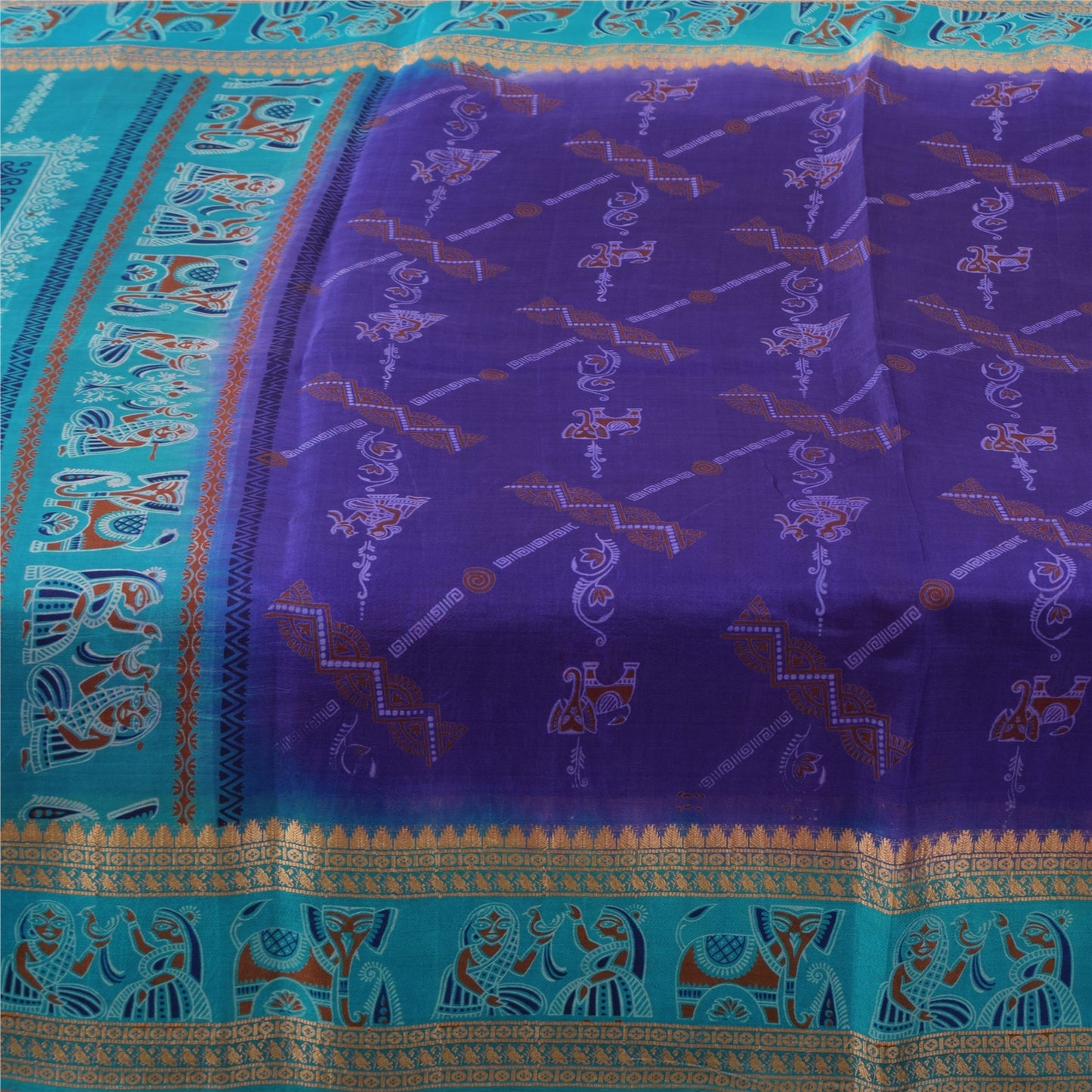 Sanskriti Vintage Sarees Purple/Blue Pure Silk Animal Printed Sari 5yd Fabric