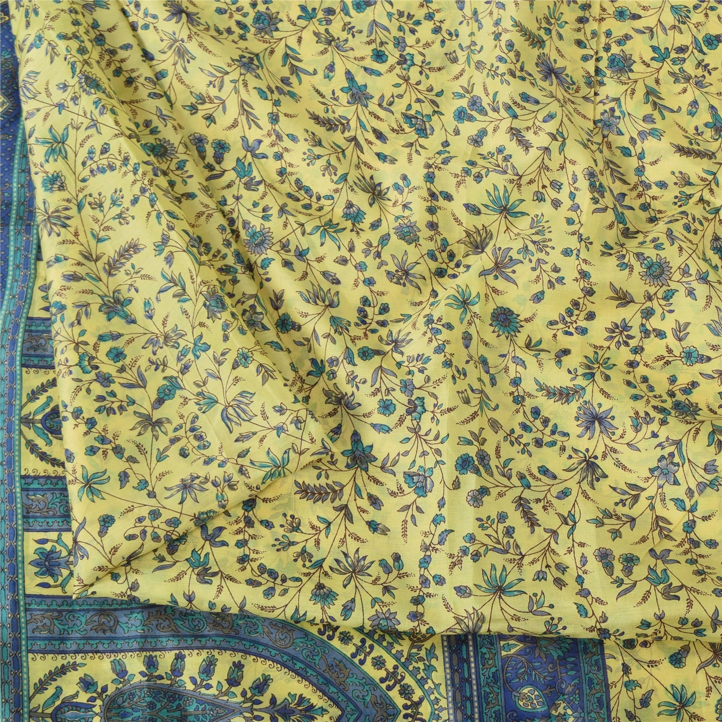 Sanskriti Vintage Sarees Green/Blue 100% Pure Silk Printed Sari 5yd Craft Fabric