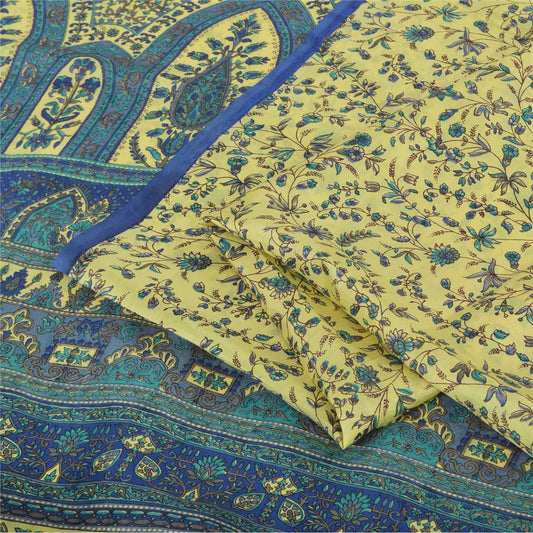 Sanskriti Vintage Sarees Green/Blue 100% Pure Silk Printed Sari 5yd Craft Fabric