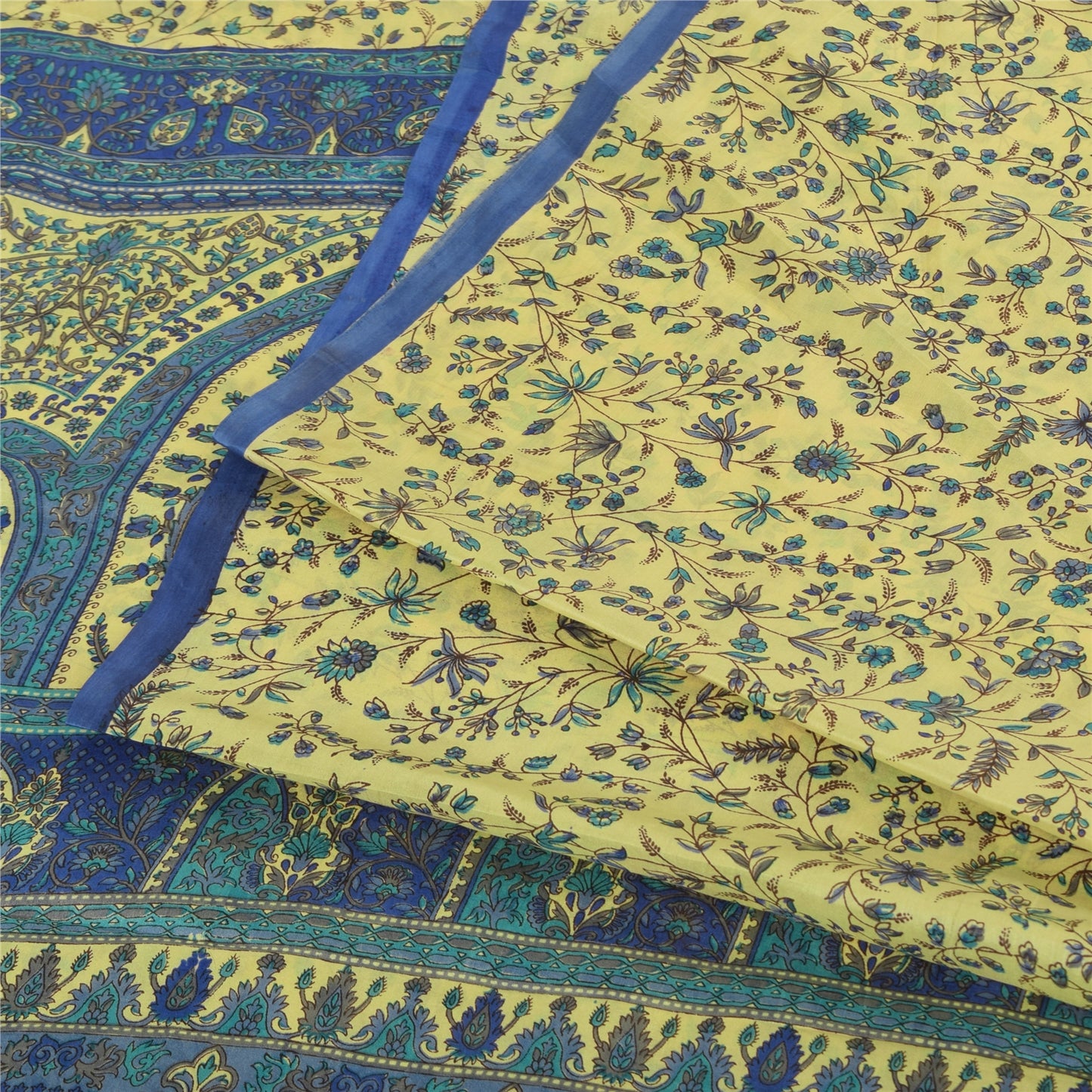 Sanskriti Vintage Sarees Green/Blue 100% Pure Silk Printed Sari 5yd Craft Fabric