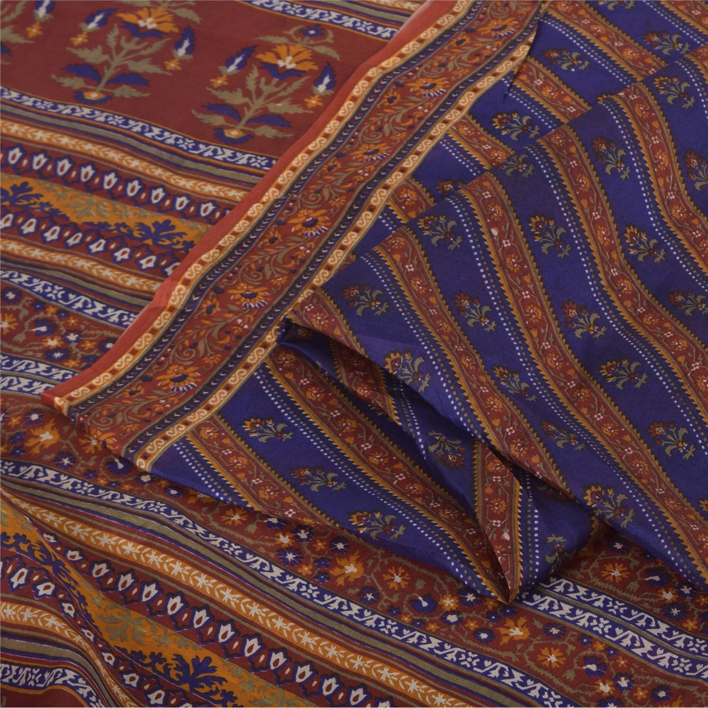 Sanskriti Vintage Sarees Blue/Orange Pure Silk Printed Sari 5yd Craft Fabric