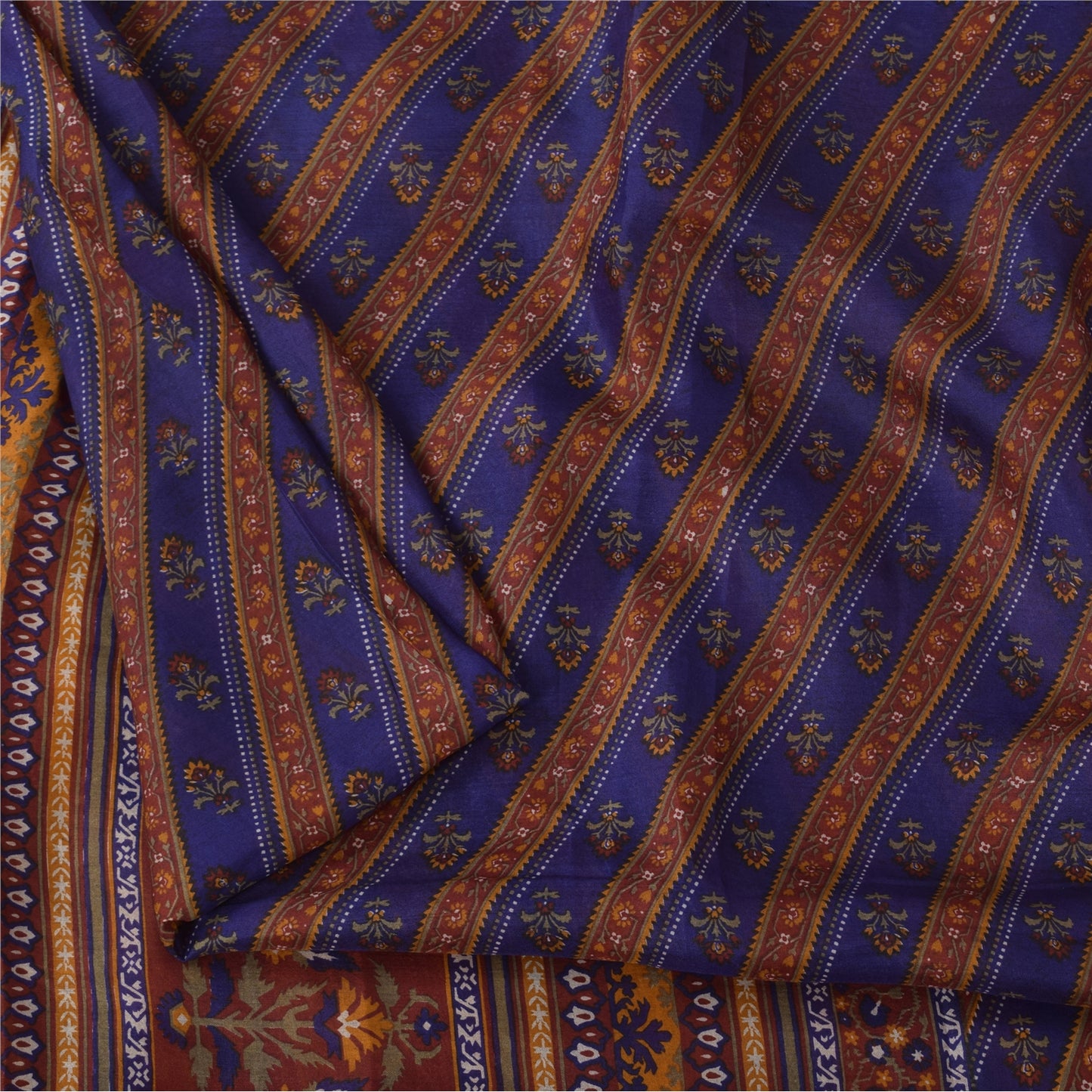 Sanskriti Vintage Sarees Blue/Orange Pure Silk Printed Sari 5yd Craft Fabric