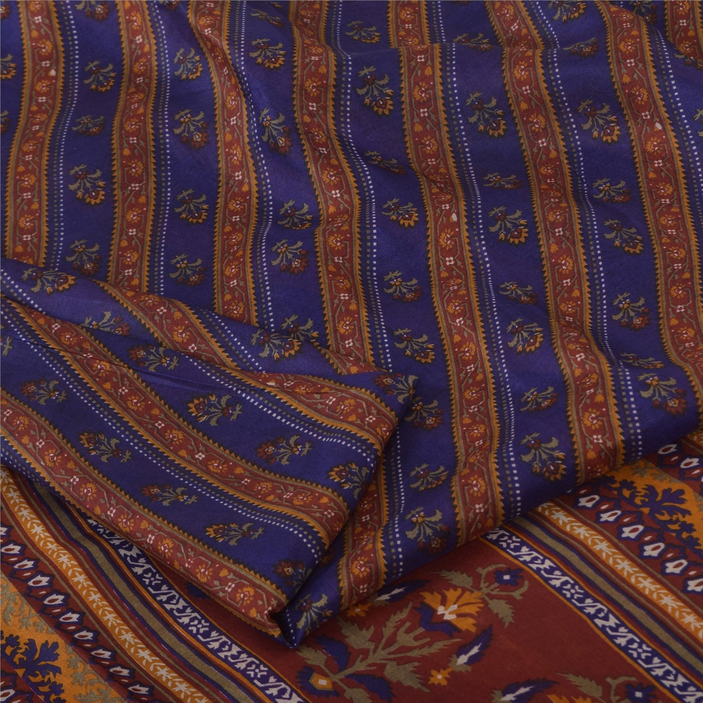 Sanskriti Vintage Sarees Blue/Orange Pure Silk Printed Sari 5yd Craft Fabric