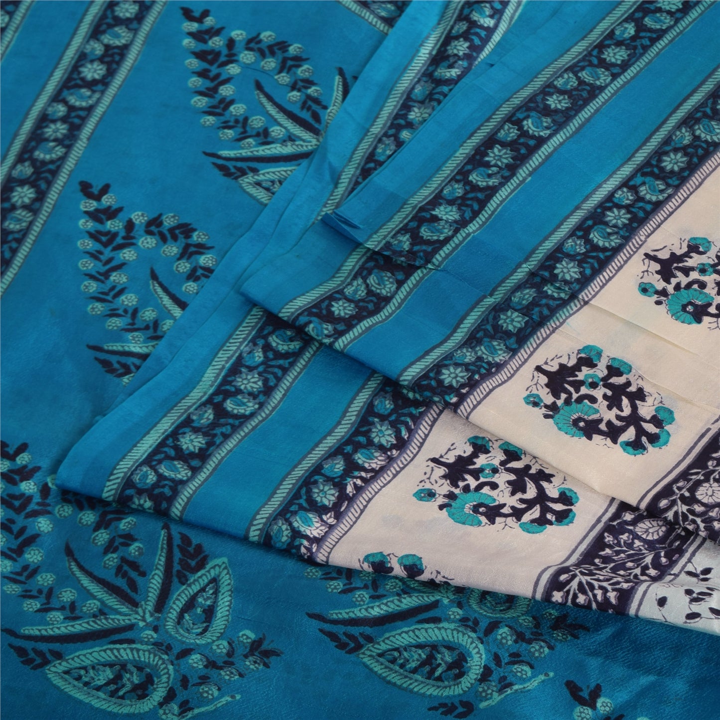 Sanskriti Vintage Sarees Ivory/Blue 100% Pure Silk Printed Sari 5yd Craft Fabric