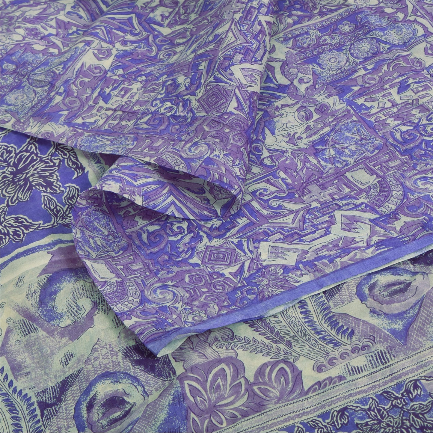 Sanskriti Vintage Sarees Purple 100% Pure Silk Printed Sari 5yd Craft Fabric