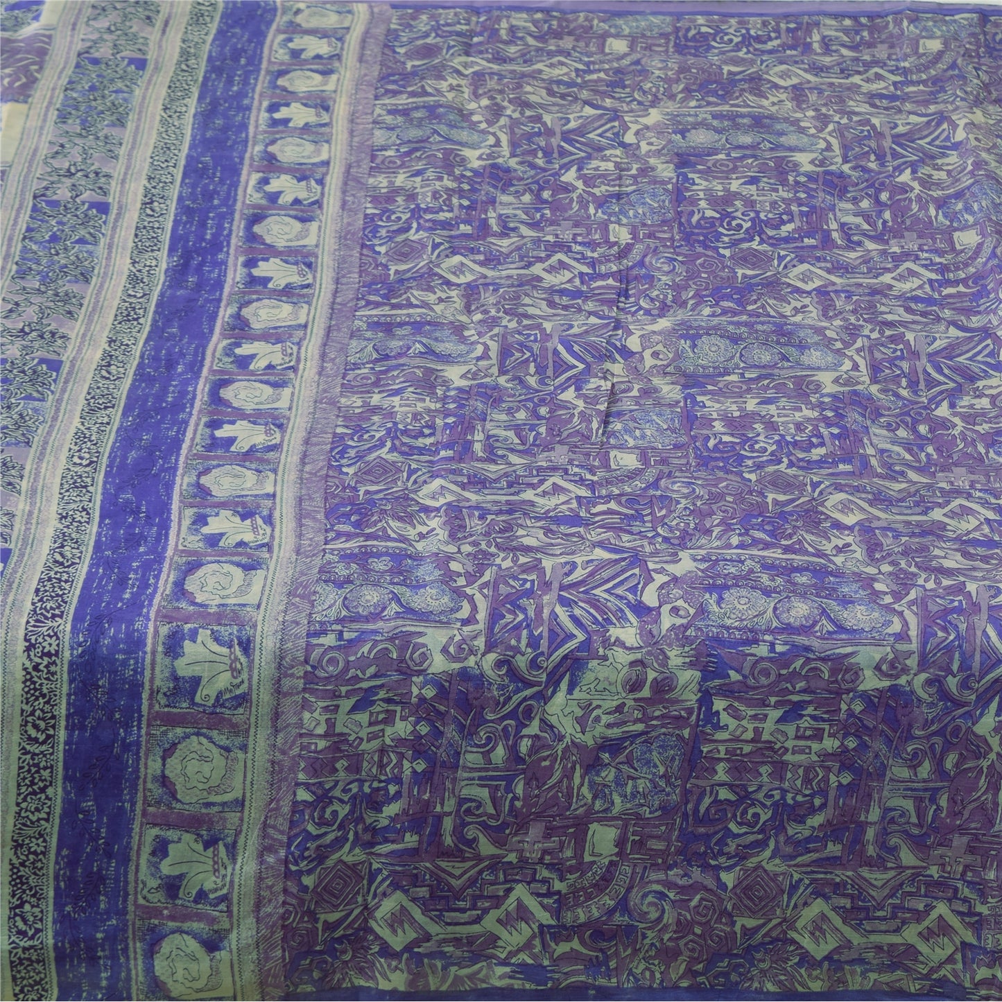 Sanskriti Vintage Sarees Purple 100% Pure Silk Printed Sari 5yd Craft Fabric