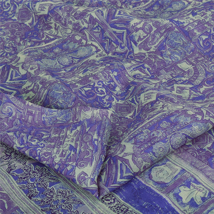 Sanskriti Vintage Sarees Purple 100% Pure Silk Printed Sari 5yd Craft Fabric