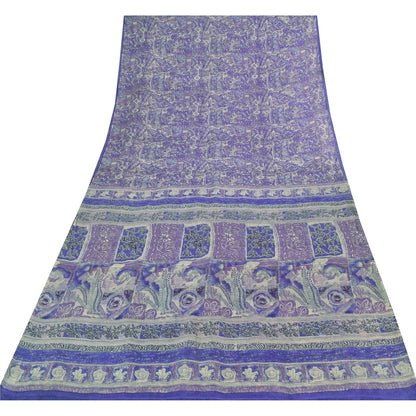 Sanskriti Vintage Sarees Purple 100% Pure Silk Printed Sari 5yd Craft Fabric