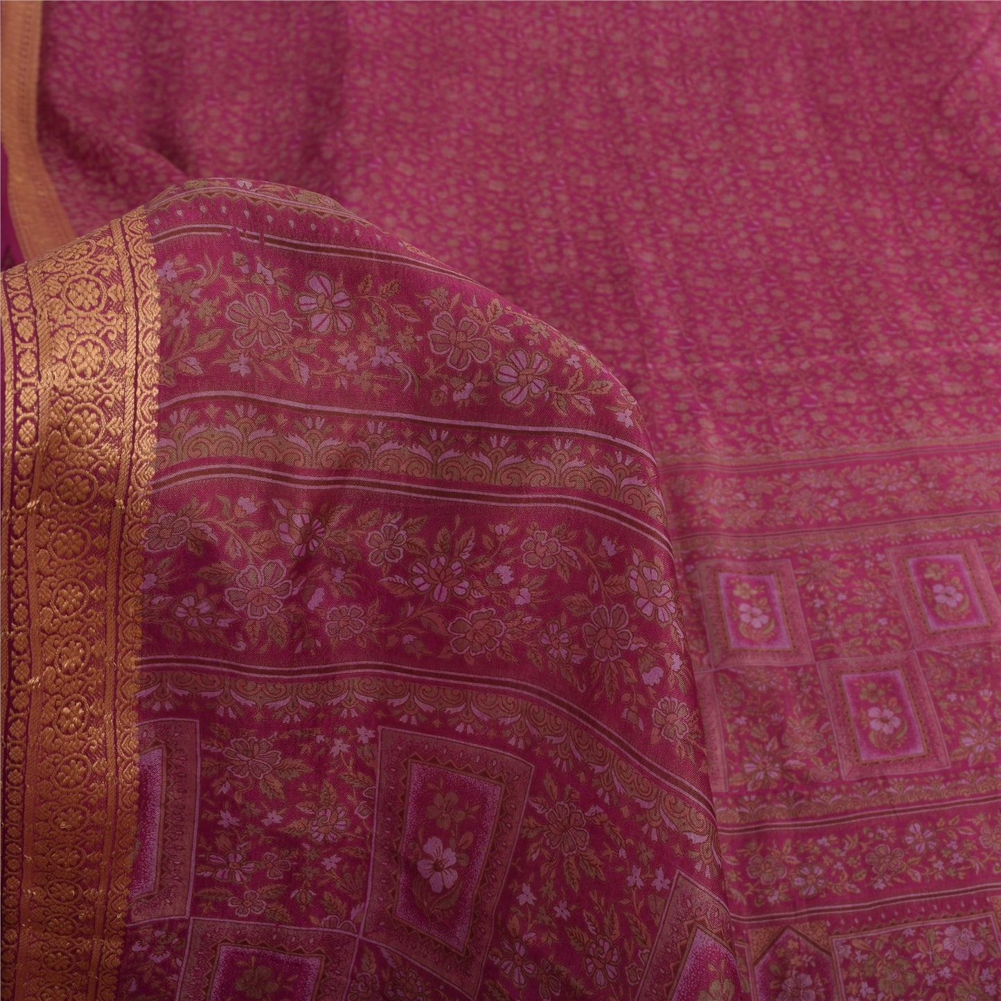 Sanskriti Vintage Sarees Purple Woven Border Pure Silk Printed Sari 5yd Fabric