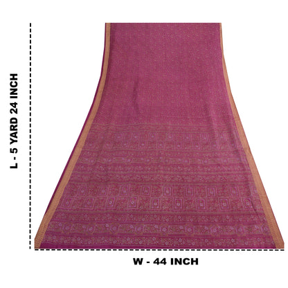 Sanskriti Vintage Sarees Purple Woven Border Pure Silk Printed Sari 5yd Fabric