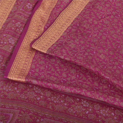 Sanskriti Vintage Sarees Purple Woven Border Pure Silk Printed Sari 5yd Fabric