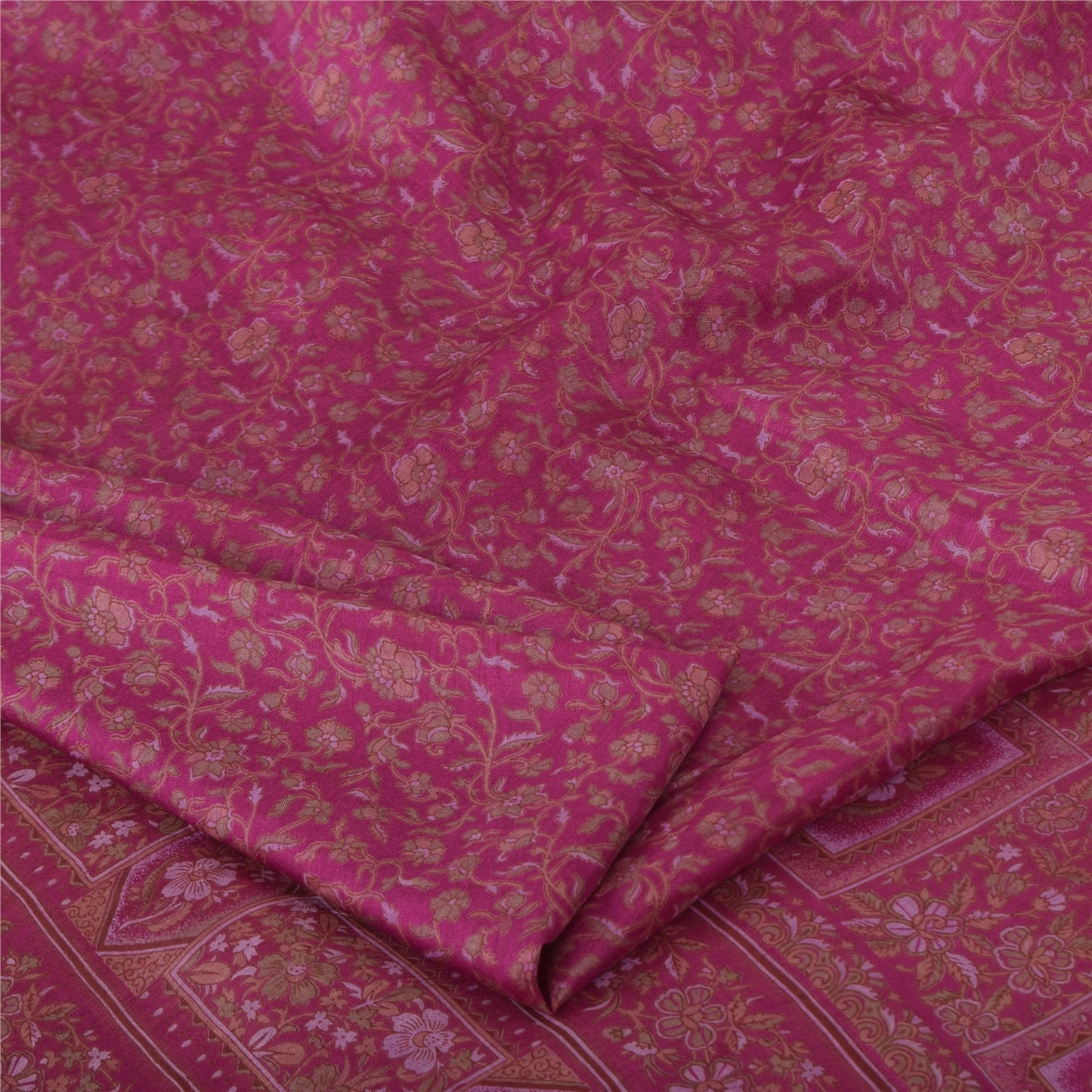 Sanskriti Vintage Sarees Purple Woven Border Pure Silk Printed Sari 5yd Fabric