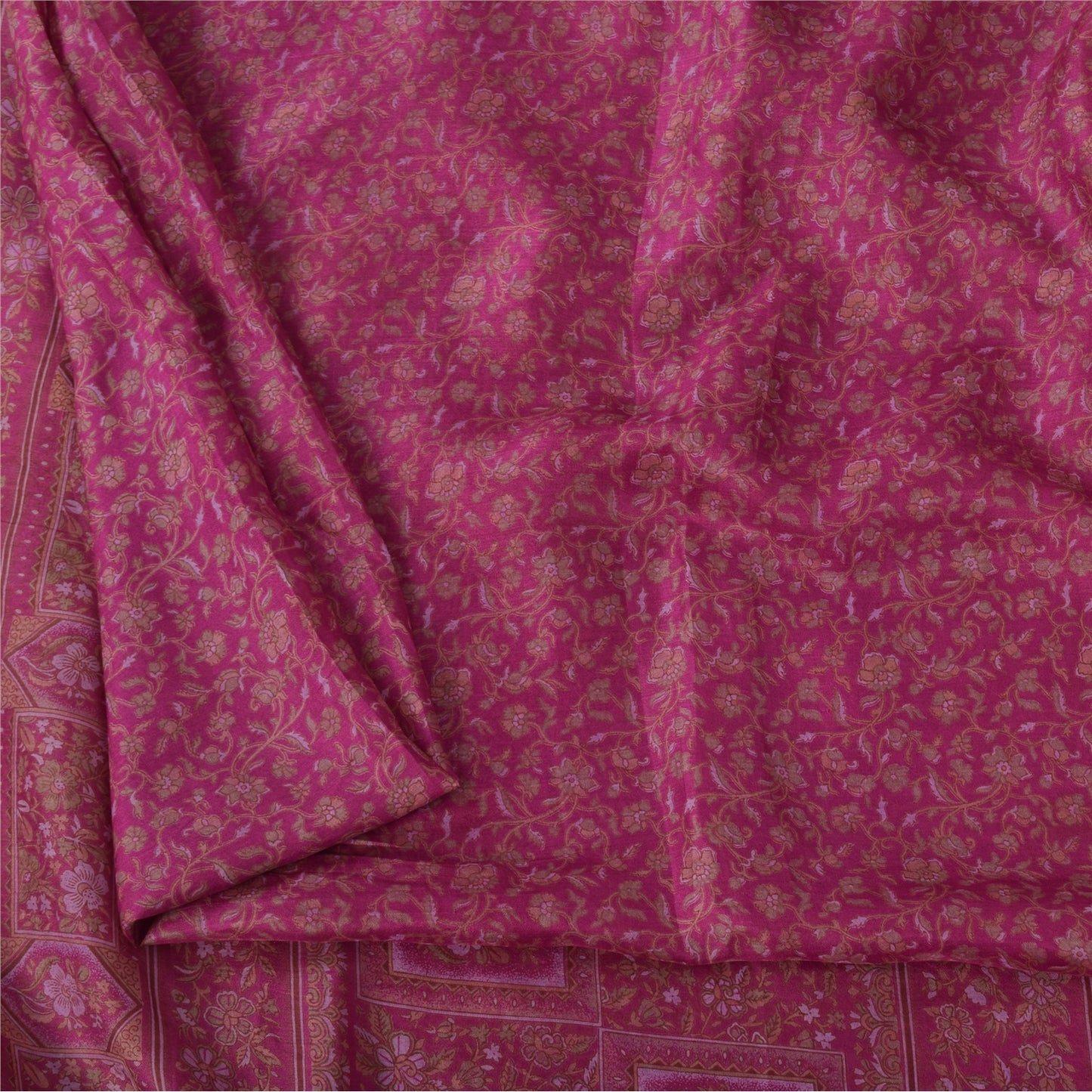 Sanskriti Vintage Sarees Purple Woven Border Pure Silk Printed Sari 5yd Fabric