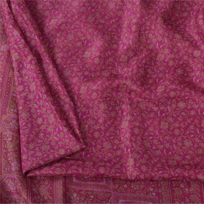 Sanskriti Vintage Sarees Purple Woven Border Pure Silk Printed Sari 5yd Fabric