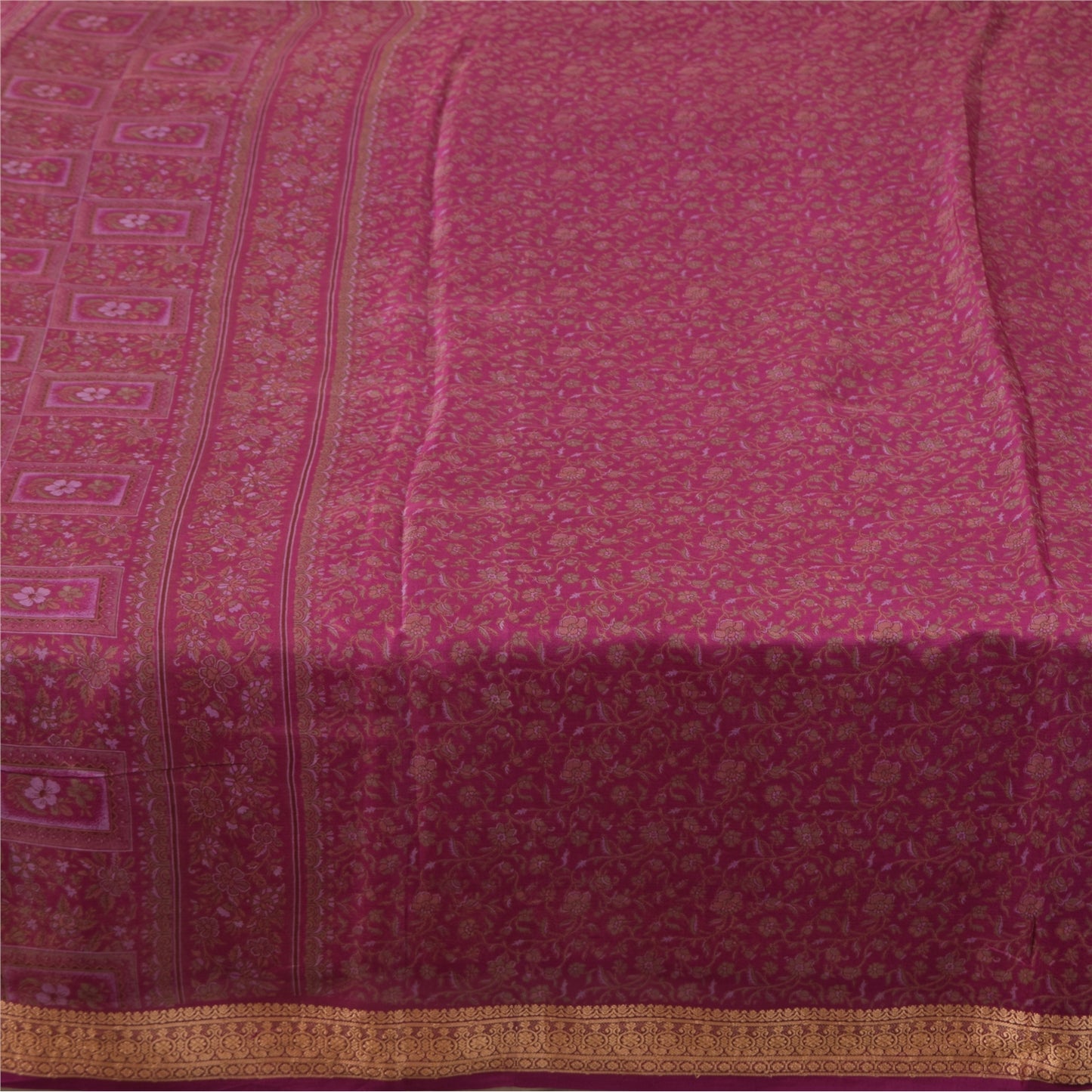 Sanskriti Vintage Sarees Purple Woven Border Pure Silk Printed Sari 5yd Fabric