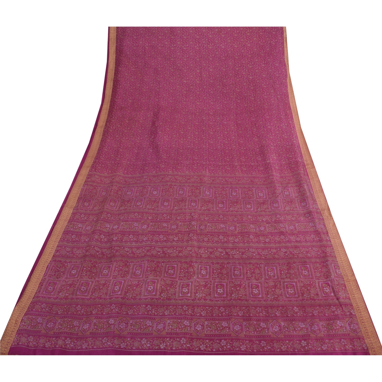 Sanskriti Vintage Sarees Purple Woven Border Pure Silk Printed Sari 5yd Fabric