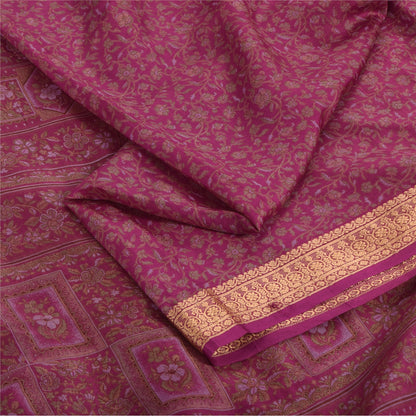 Sanskriti Vintage Sarees Purple Woven Border Pure Silk Printed Sari 5yd Fabric