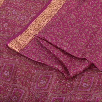 Sanskriti Vintage Sarees Purple Woven Border Pure Silk Printed Sari 5yd Fabric