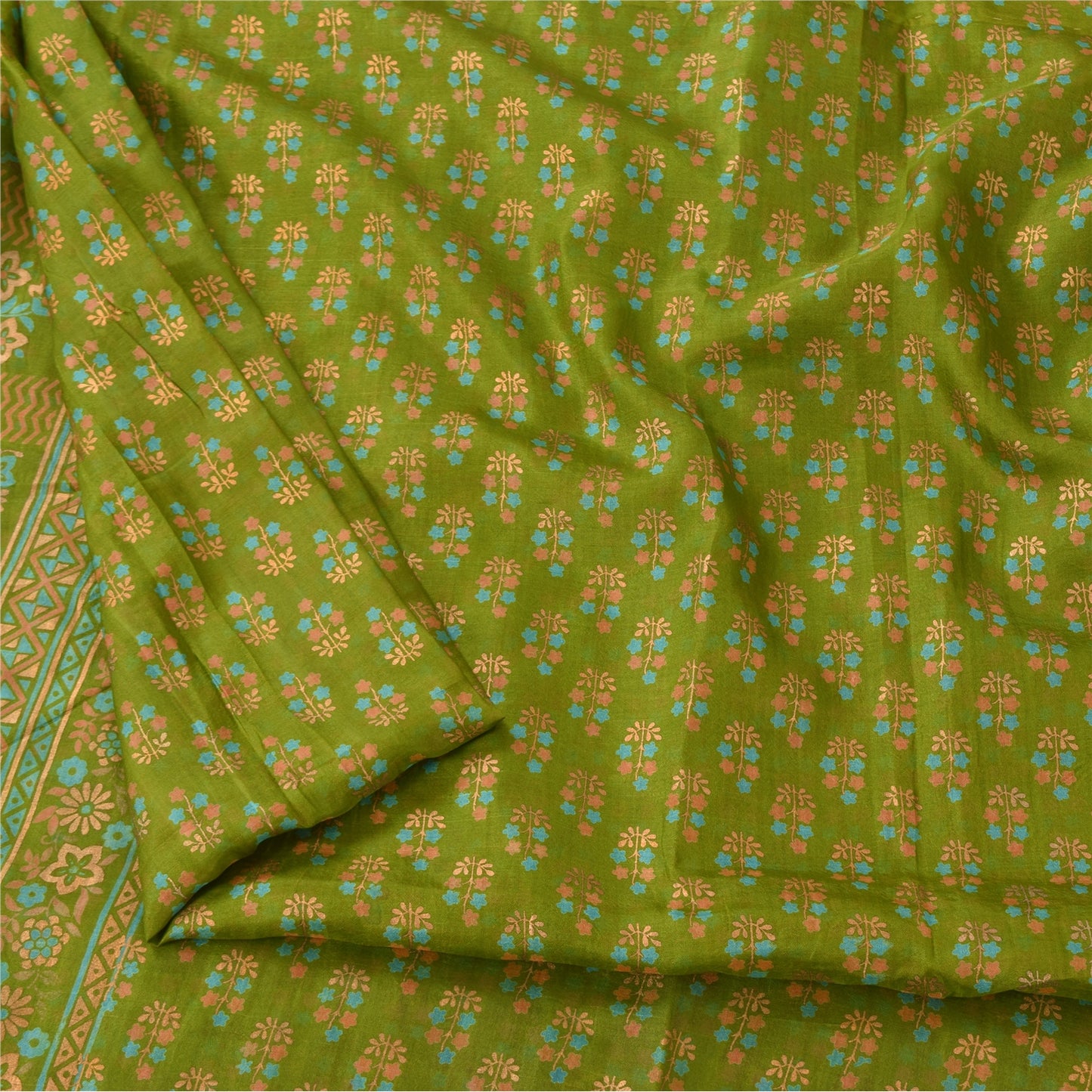 Sanskriti Vintage Sarees Green 100% Pure Silk Printed Sari 5yd Craft Fabric