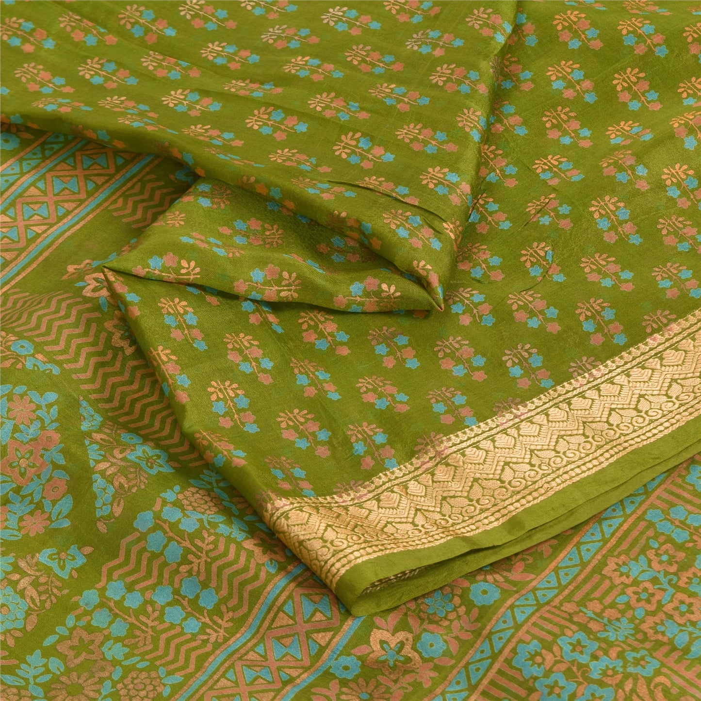 Sanskriti Vintage Sarees Green 100% Pure Silk Printed Sari 5yd Craft Fabric