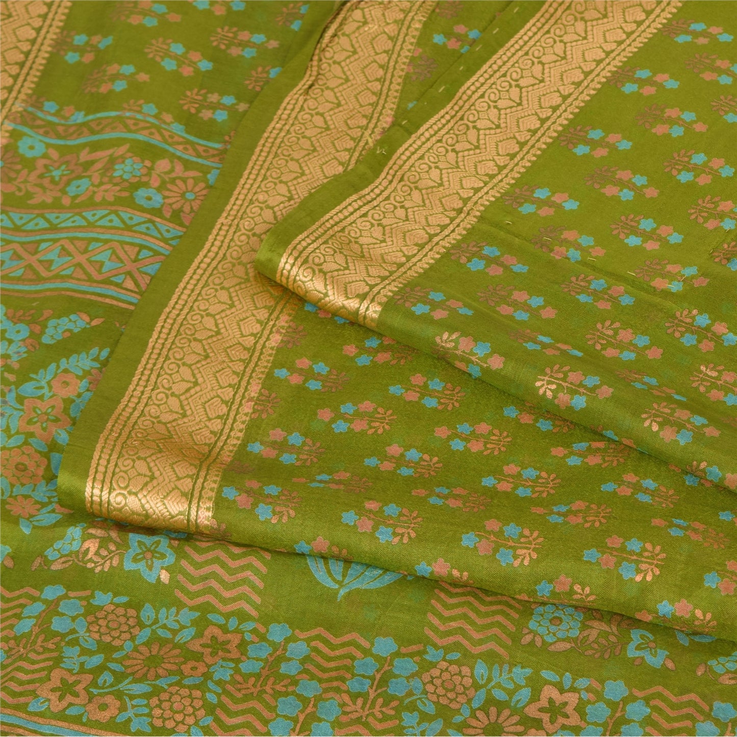 Sanskriti Vintage Sarees Green 100% Pure Silk Printed Sari 5yd Craft Fabric