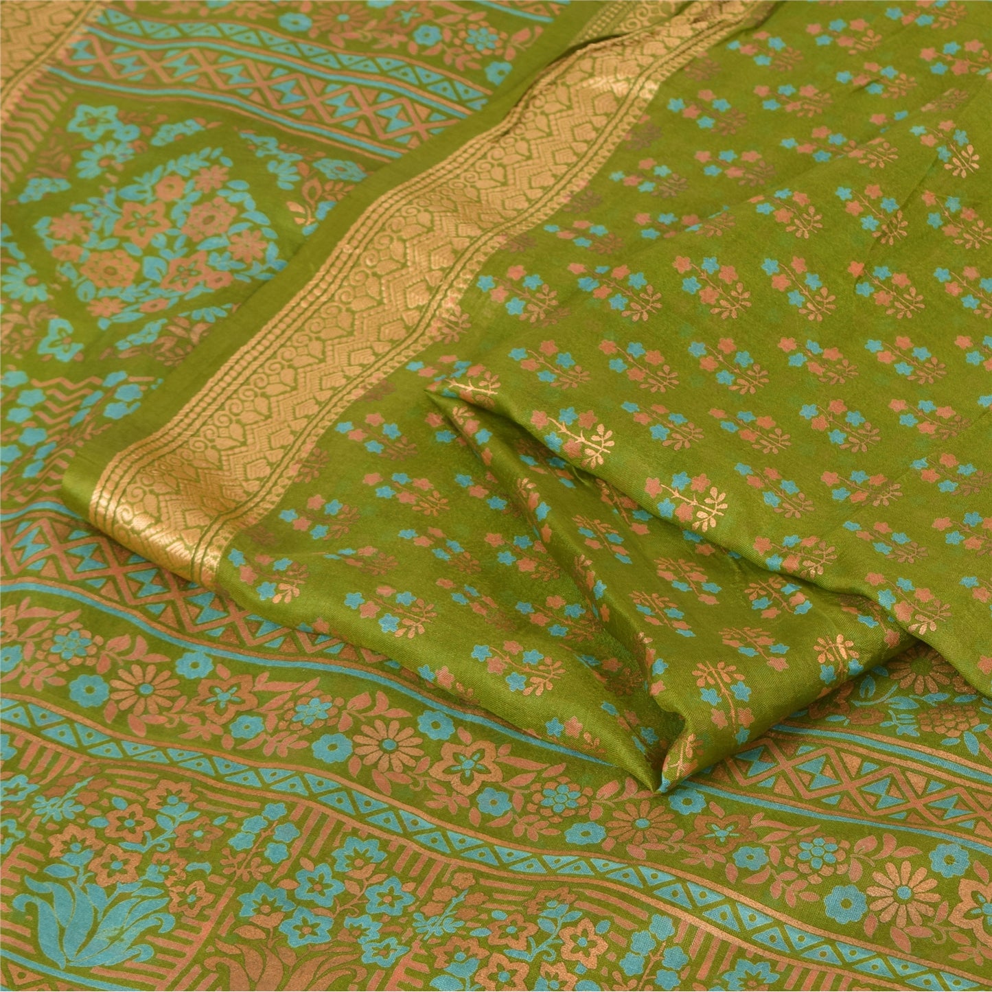 Sanskriti Vintage Sarees Green 100% Pure Silk Printed Sari 5yd Craft Fabric