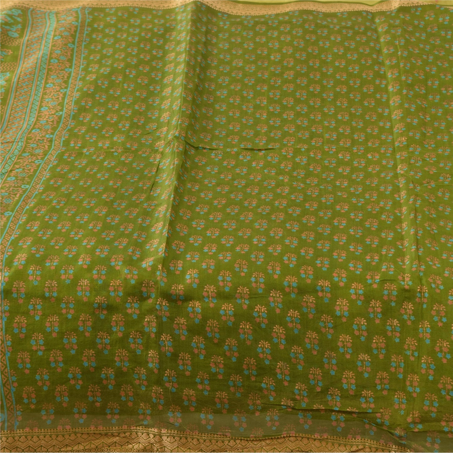 Sanskriti Vintage Sarees Green 100% Pure Silk Printed Sari 5yd Craft Fabric