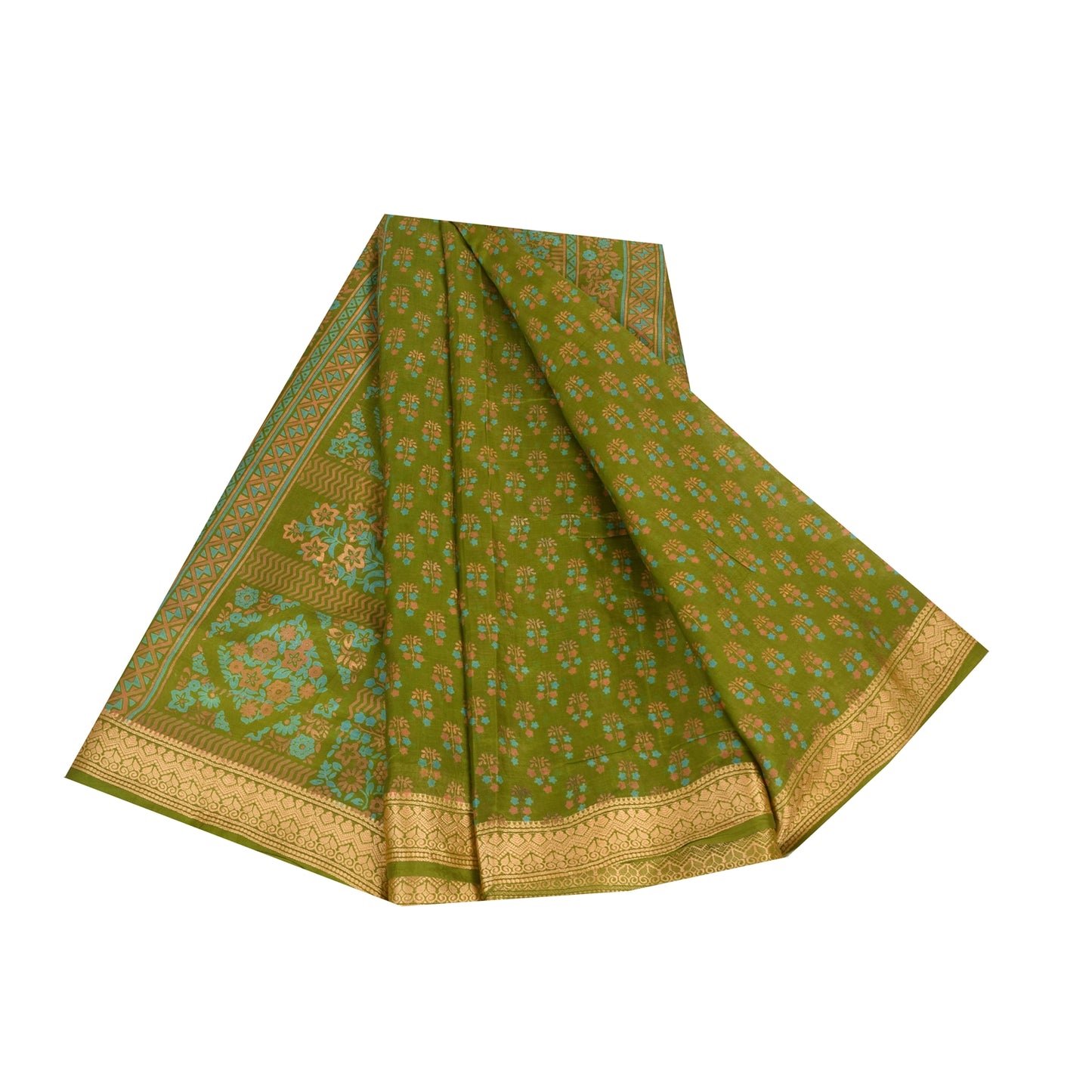 Sanskriti Vintage Sarees Green 100% Pure Silk Printed Sari 5yd Craft Fabric