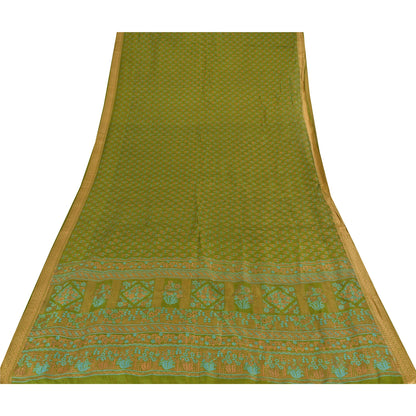 Sanskriti Vintage Sarees Green 100% Pure Silk Printed Sari 5yd Craft Fabric