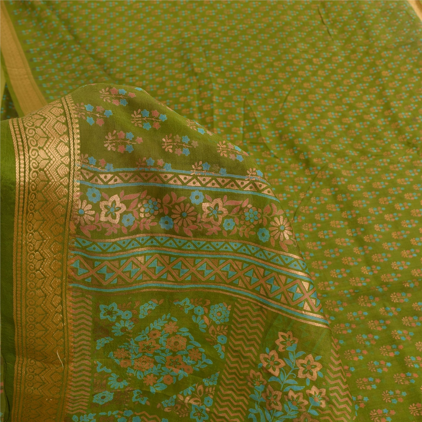 Sanskriti Vintage Sarees Green 100% Pure Silk Printed Sari 5yd Craft Fabric