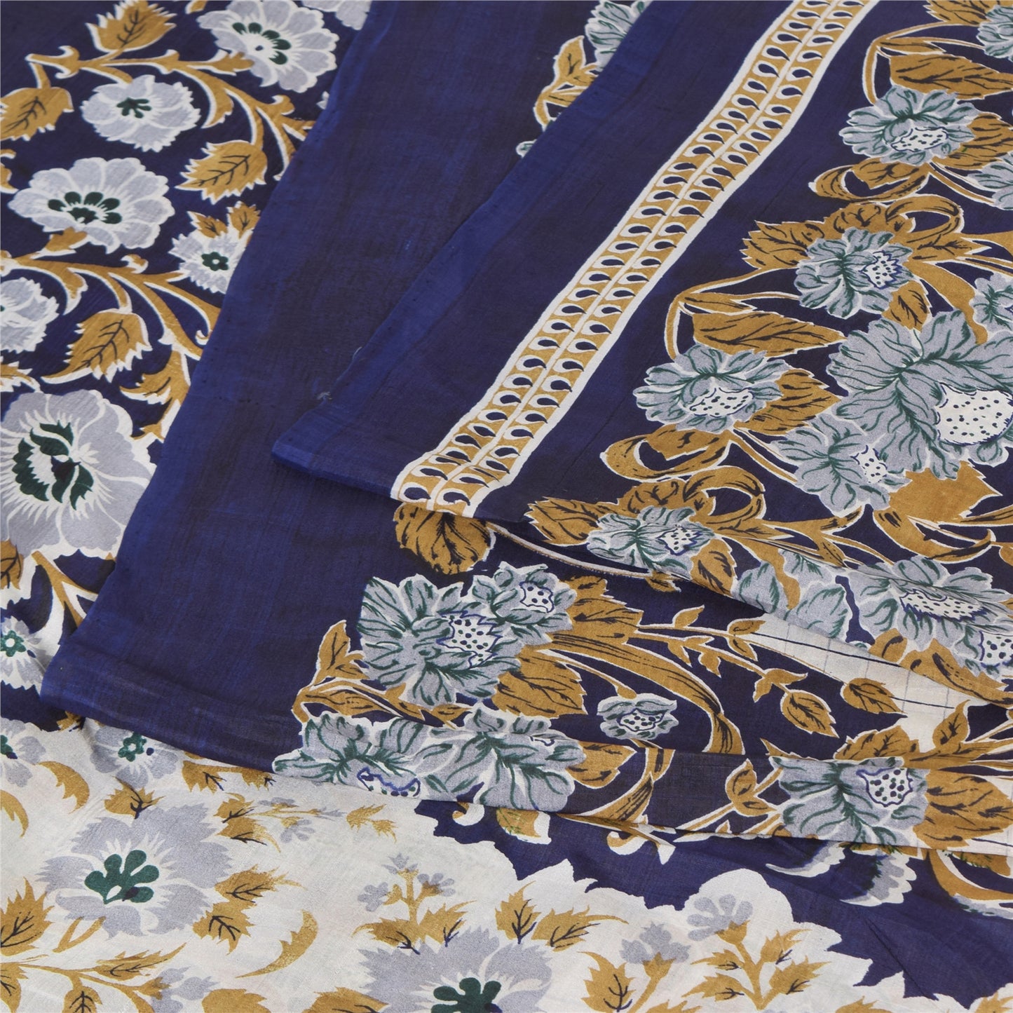 Sanskriti Vintage Sarees Ivory/Blue 100% Pure Silk Printed Sari 5yd Craft Fabric