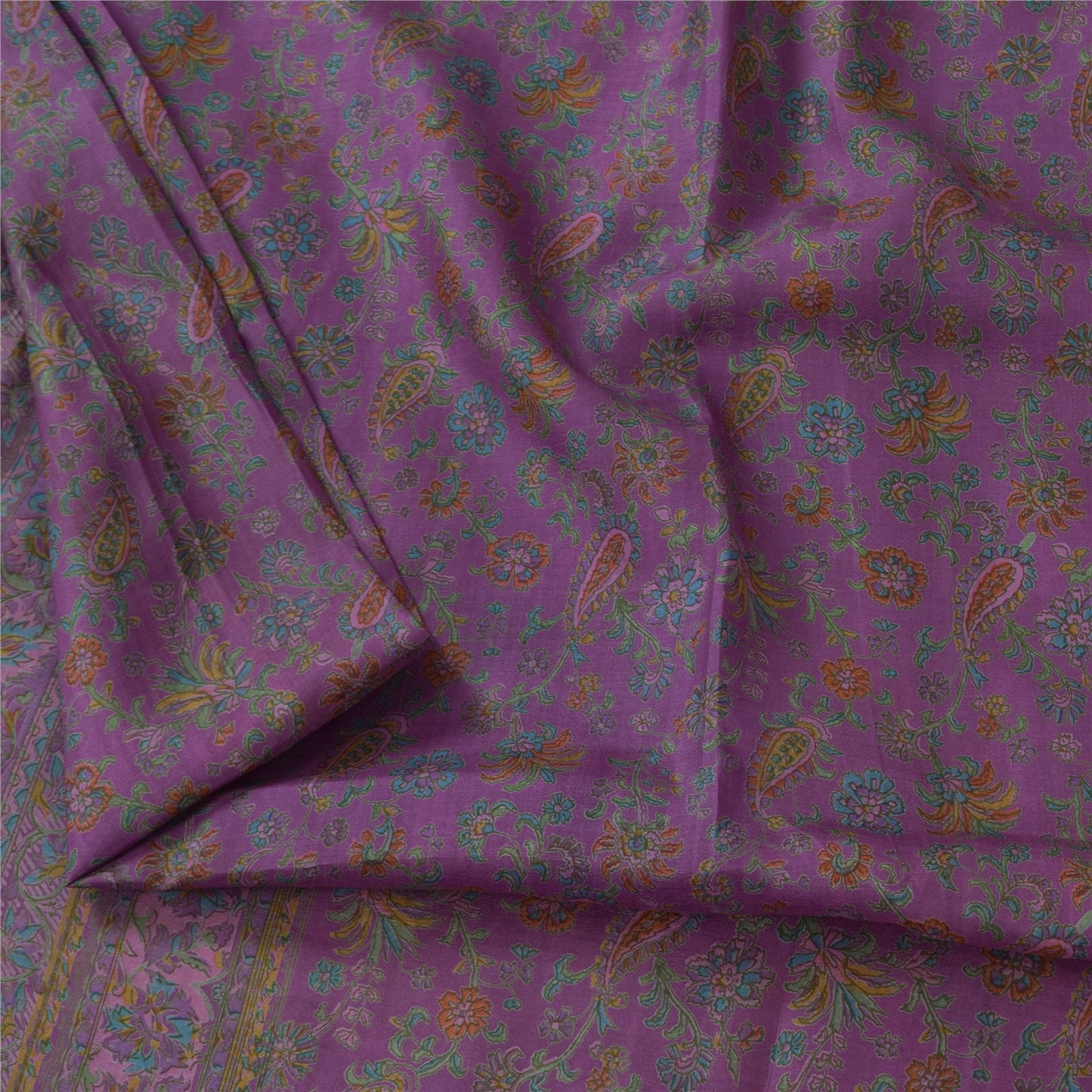 Sanskriti Vintage Sarees Purple Zari Border Pure Silk Print Sari 6ydCraft Fabric