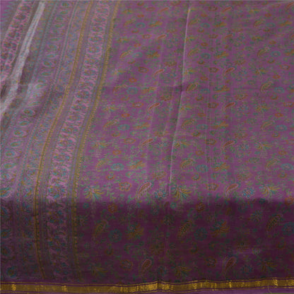 Sanskriti Vintage Sarees Purple Zari Border Pure Silk Print Sari 6ydCraft Fabric