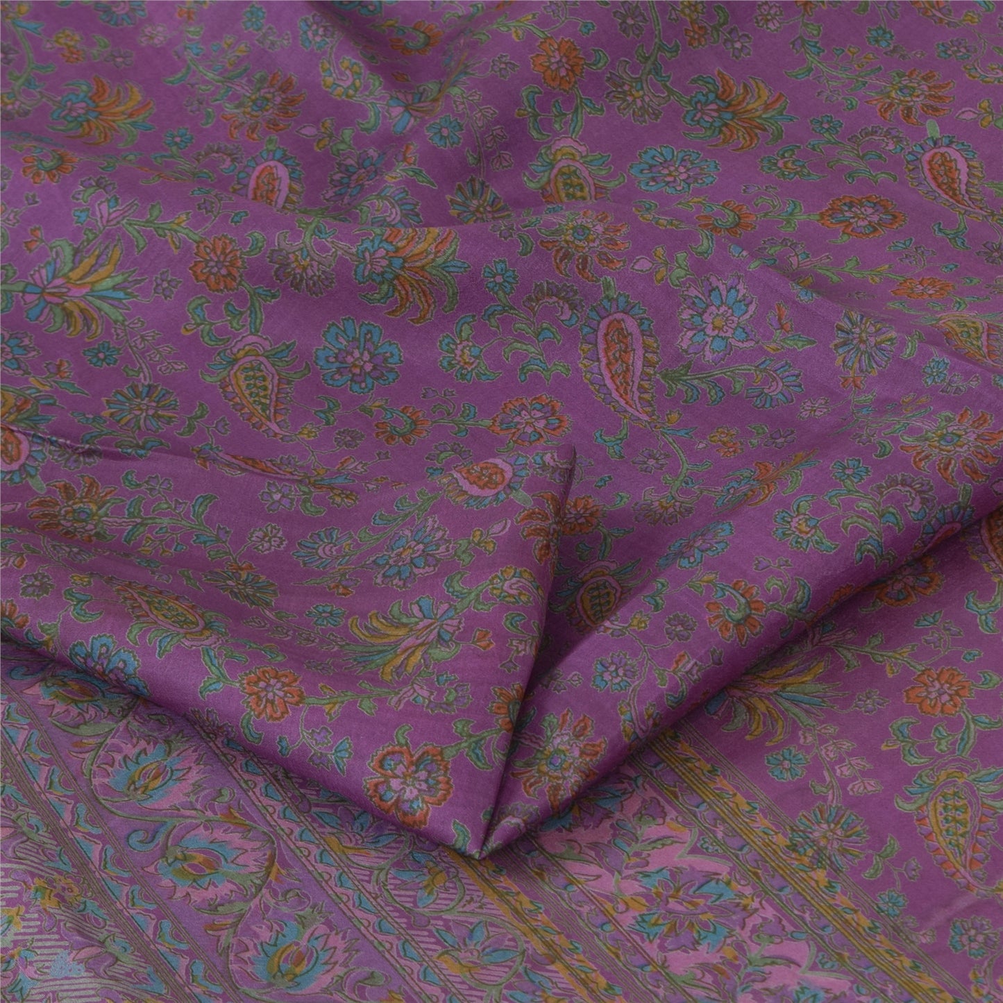 Sanskriti Vintage Sarees Purple Zari Border Pure Silk Print Sari 6ydCraft Fabric