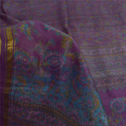 Sanskriti Vintage Sarees Purple Zari Border Pure Silk Print Sari 6ydCraft Fabric