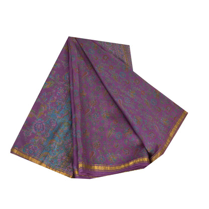 Sanskriti Vintage Sarees Purple Zari Border Pure Silk Print Sari 6ydCraft Fabric