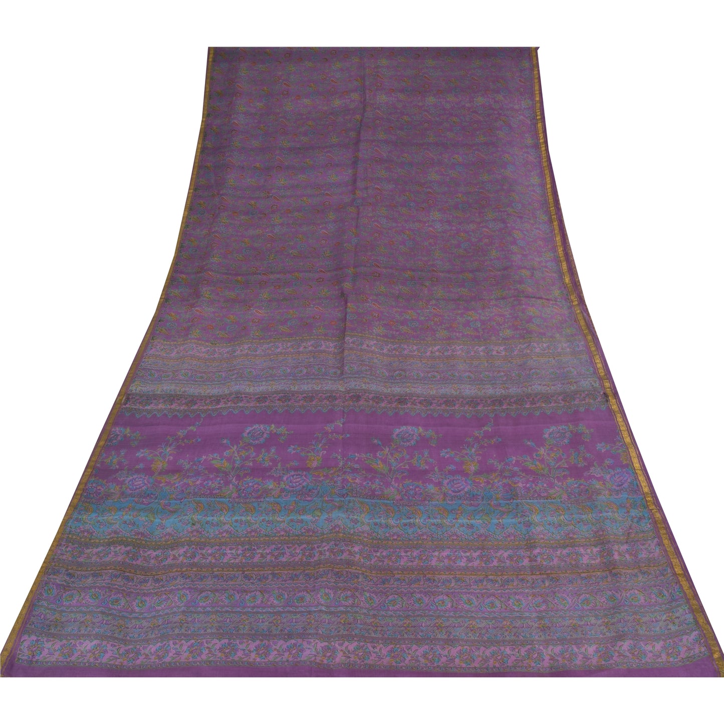 Sanskriti Vintage Sarees Purple Zari Border Pure Silk Print Sari 6ydCraft Fabric