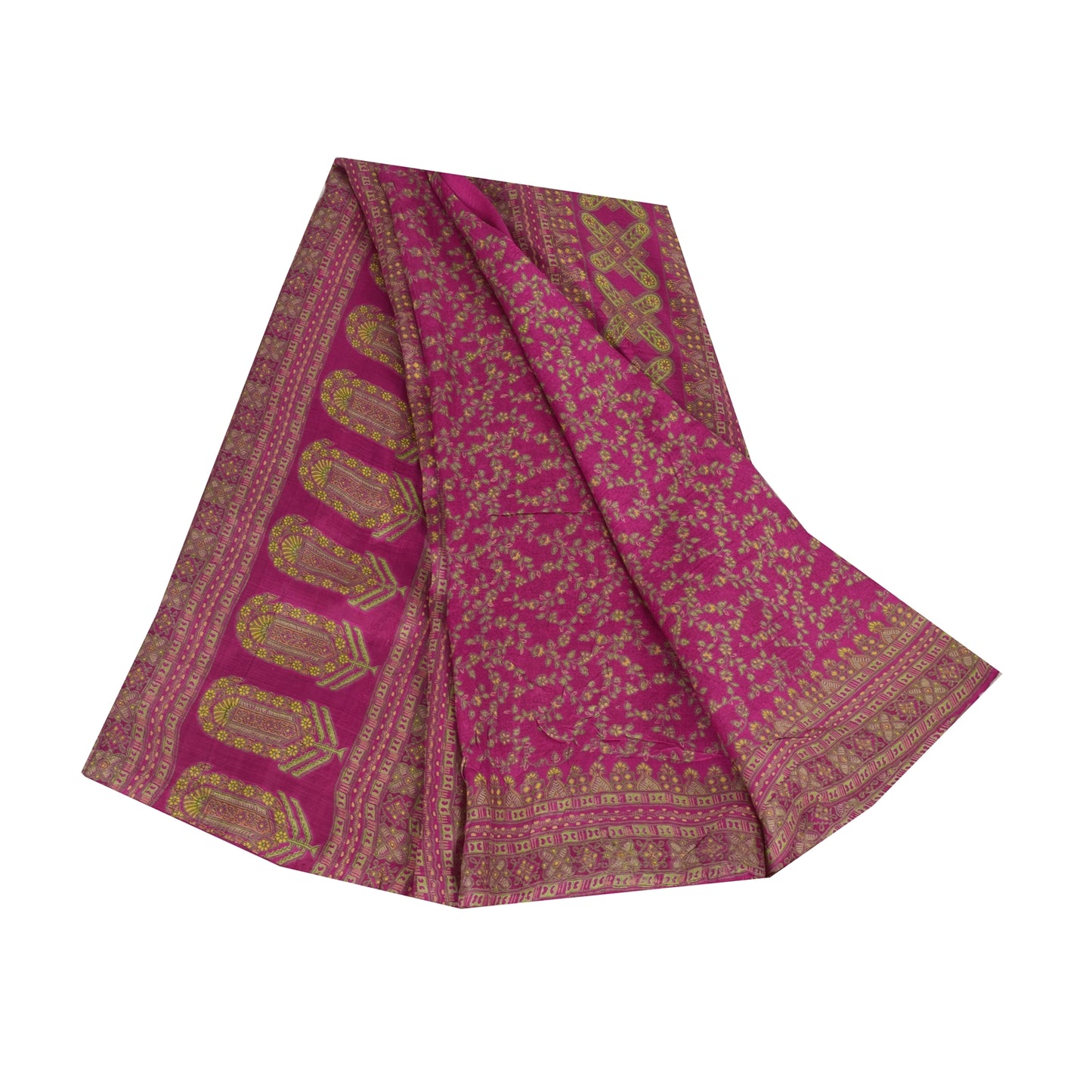 Sanskriti Vintage Sarees Dark Pink 100% Pure Silk Printed Sari 5yd Craft Fabric