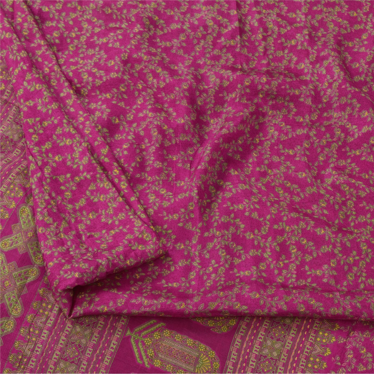 Sanskriti Vintage Sarees Dark Pink 100% Pure Silk Printed Sari 5yd Craft Fabric