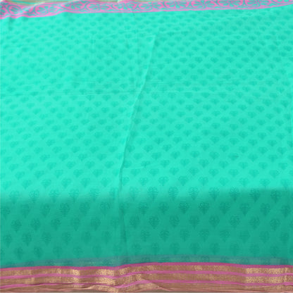 Sanskriti Vintage Sarees Sea-Green Pure Chiffon Silk Block Print Sari 6yd Fabric