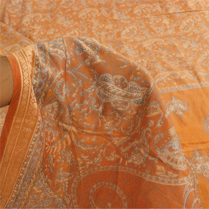 Sanskriti Vintage Sarees Saffron Indian Pure Silk Printed Sari 6yd Craft Fabric