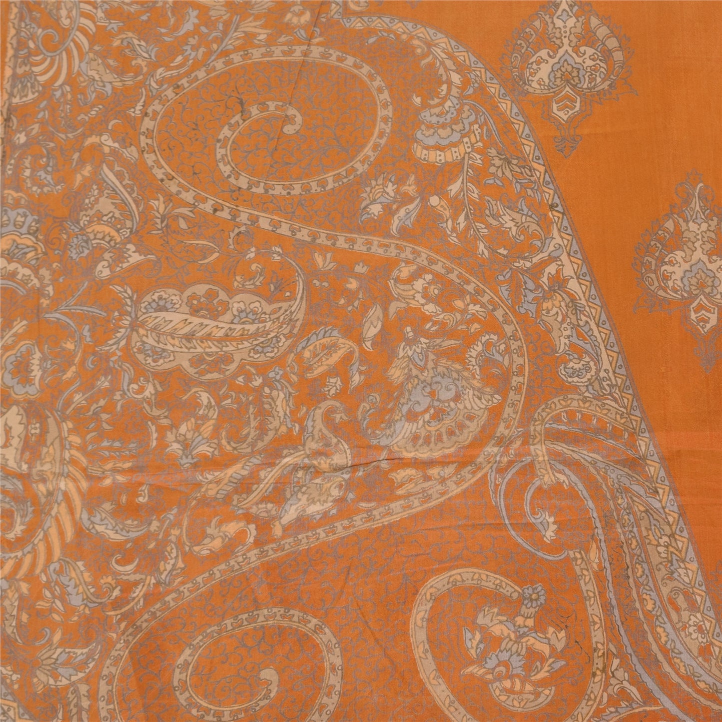 Sanskriti Vintage Sarees Saffron Indian Pure Silk Printed Sari 6yd Craft Fabric