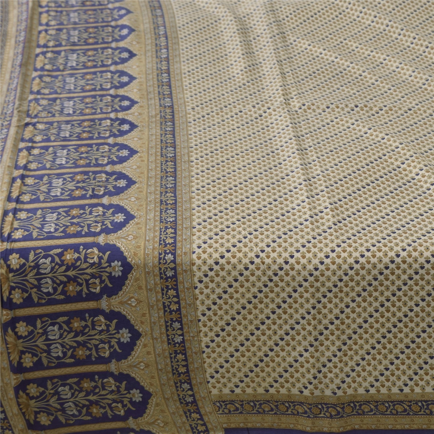 Sanskriti Vintage Sarees Ivory 100% Pure Silk Printed Sari 5yd Craft Fabric