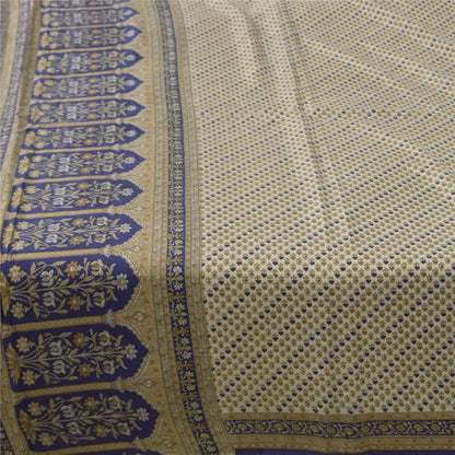 Sanskriti Vintage Sarees Ivory 100% Pure Silk Printed Sari 5yd Craft Fabric